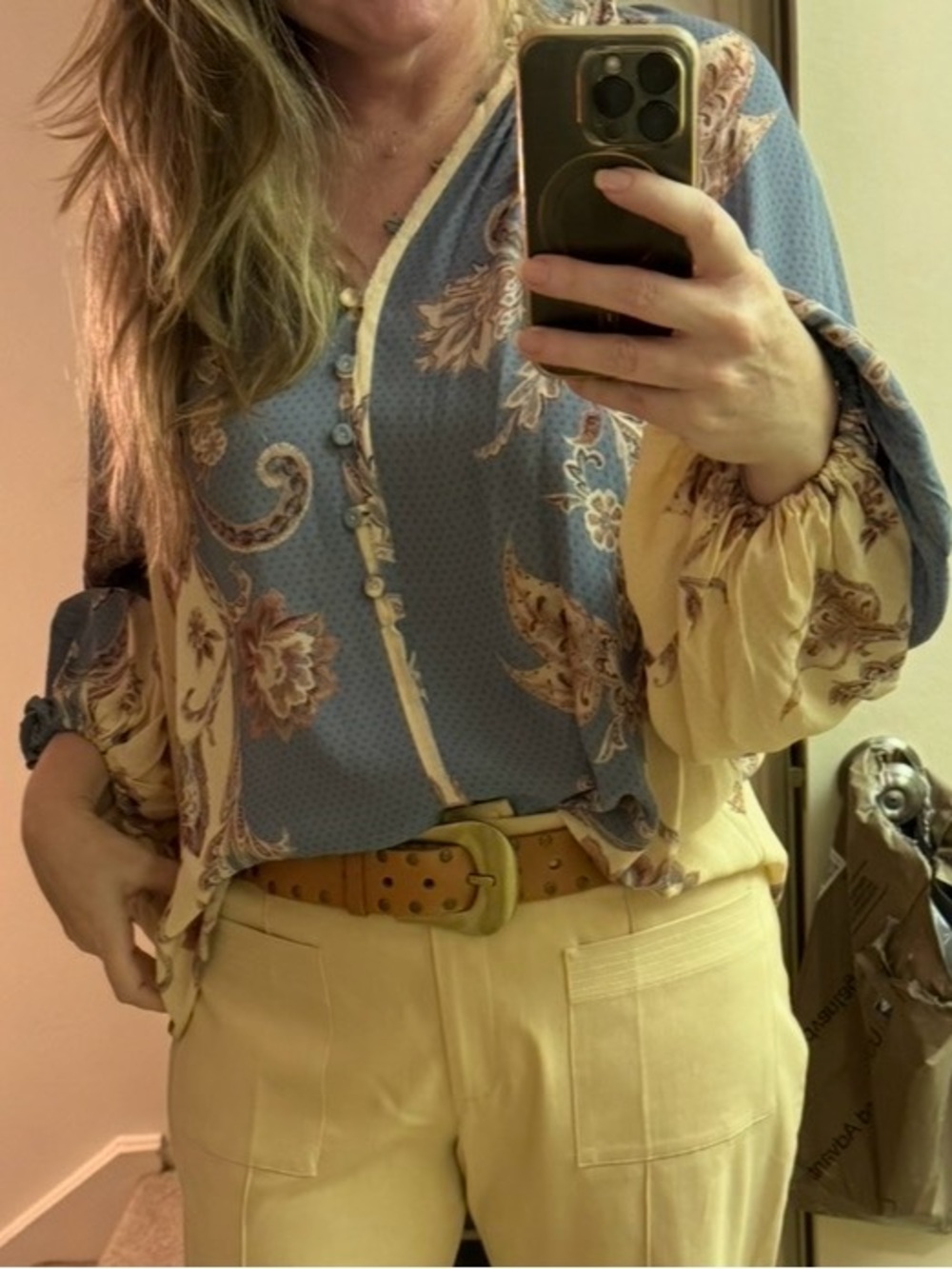 Boho Floral Button-Front Blouse in Blue and Cream